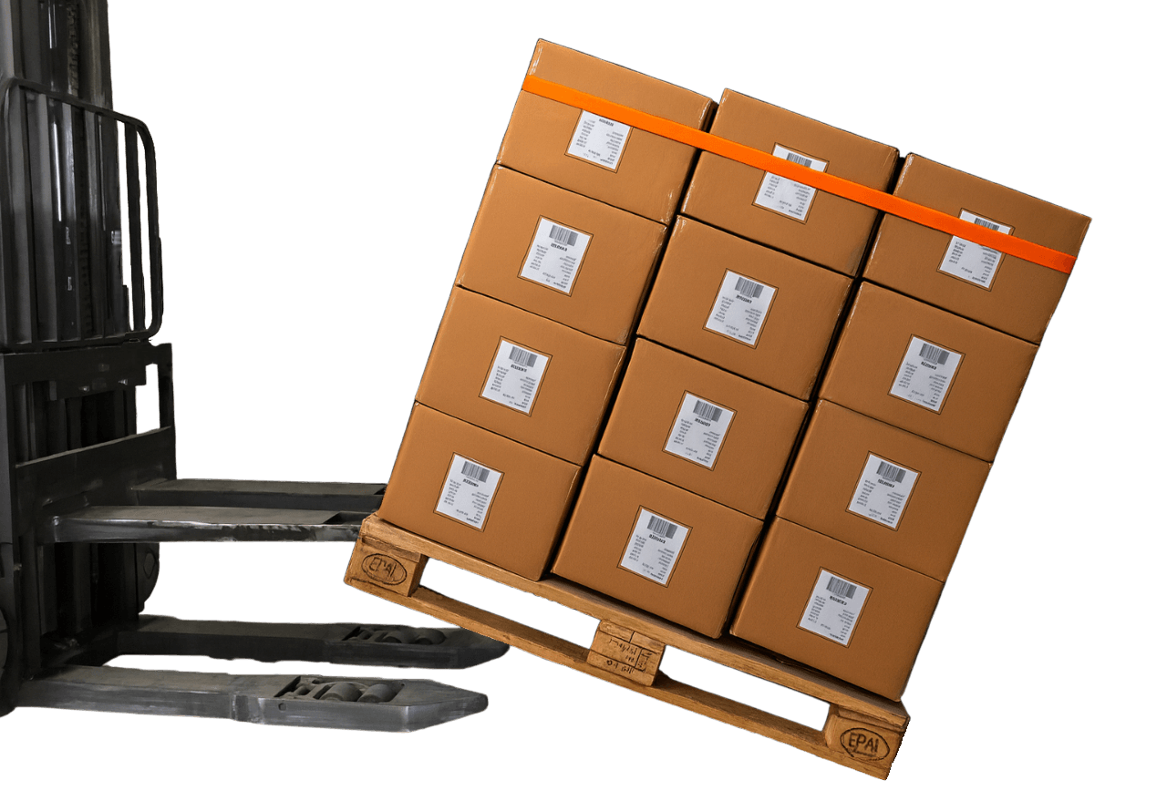 Reusable pallet elastic securing cartons on an inclined pallet during a warehouse load stability test